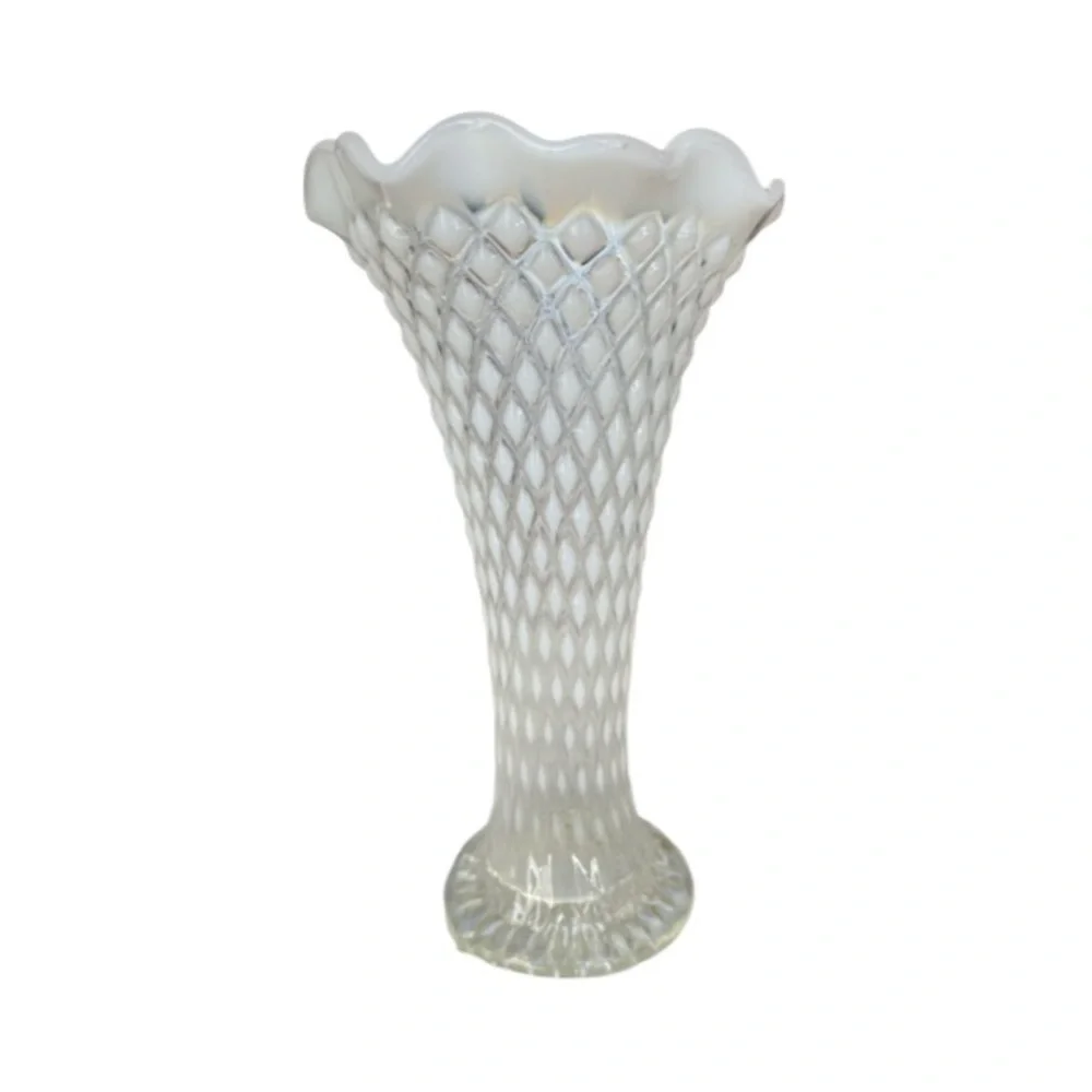Northwood Glass Diamond Point EAPG Swung Ruffled Vase, Opalescent White ca. 1900